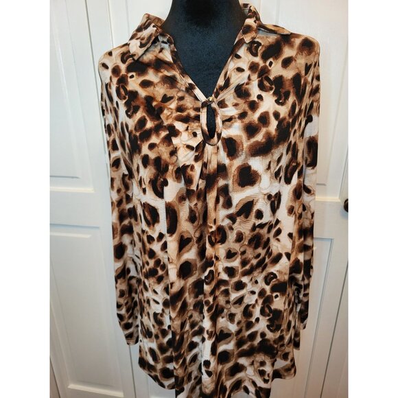 Brown Leopard Print Stretchy Top Collar Ruched Sleeves L Cato Fall Brunch Church - Picture 1 of 8